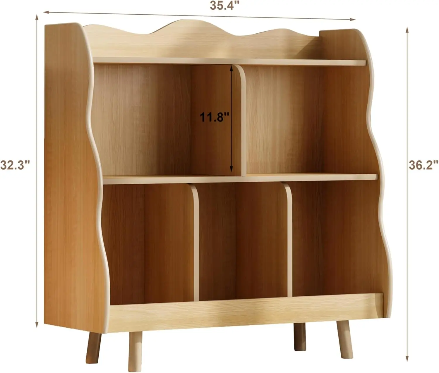 Treocho Kids Bookshelf And Toy Storage Orangizer, 3-Tier Wooden Children'S Bookcase With Curve Design, 5 Toy Storage Cabinet