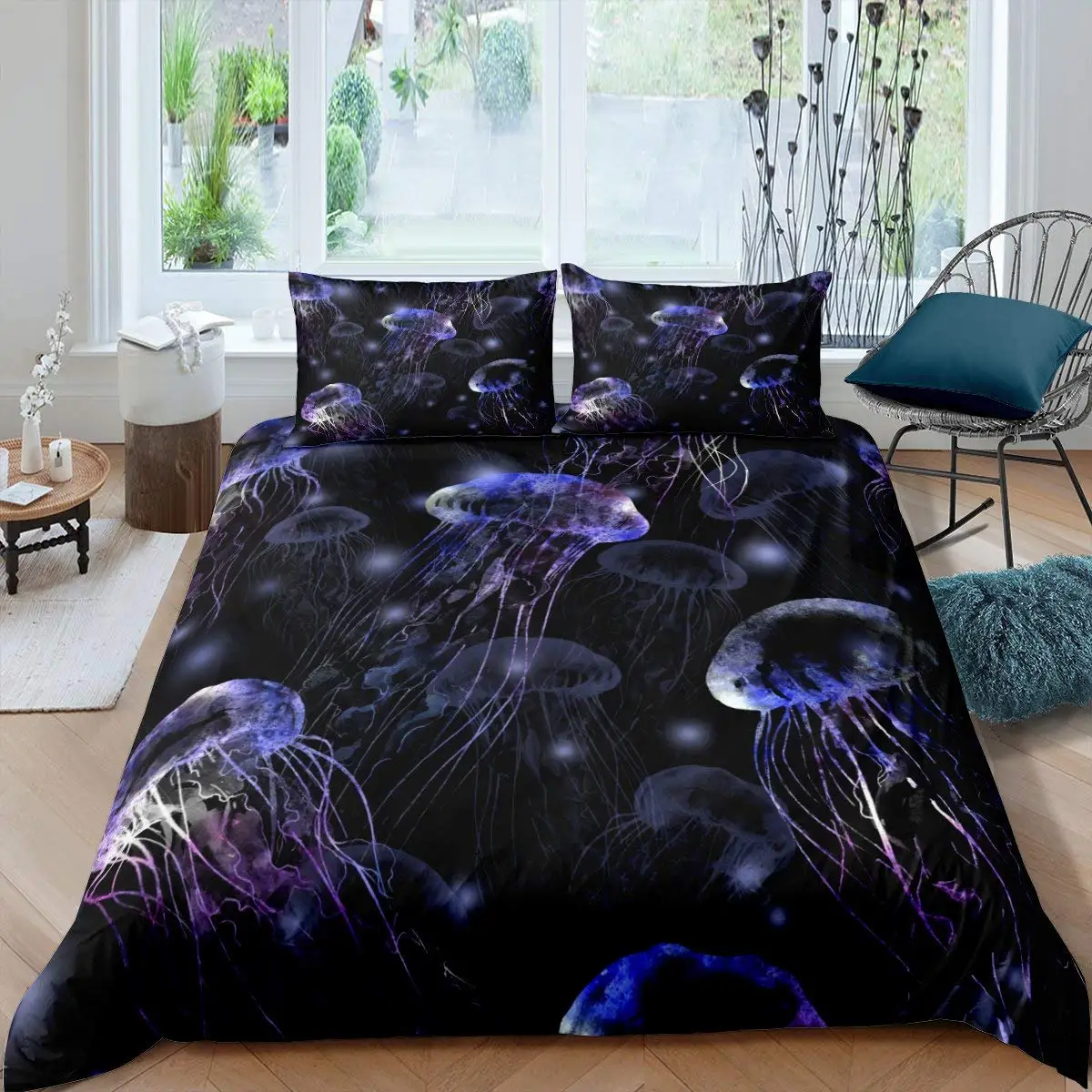 Colorful Jellyfish Decor Duvet Cover Set Twin Ocean Bedding Sets Underwater Animal Comforter Cover for Kids Teens Adults 3 Pcs