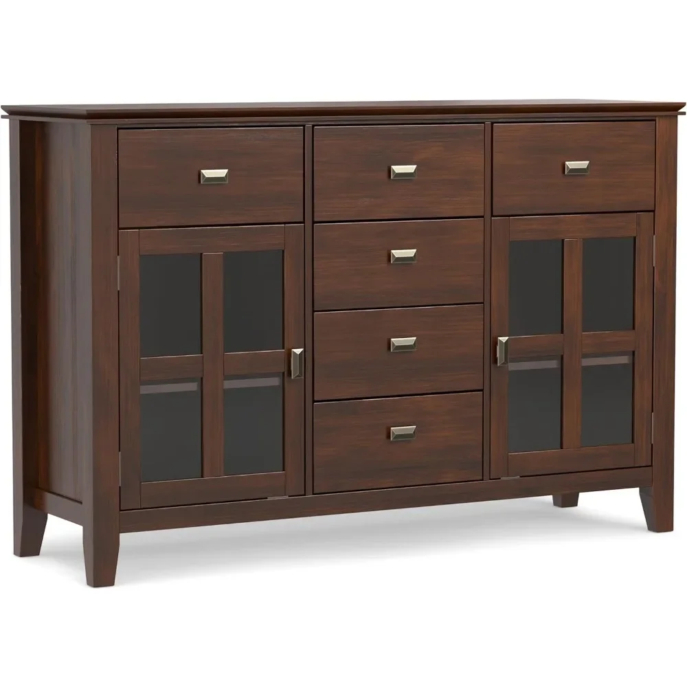 

For Artisan Solid Pine Wood 54 inch Contemporary Sideboard Buffet Credenza in Russet Brown features 2 Doors, 6 Drawers