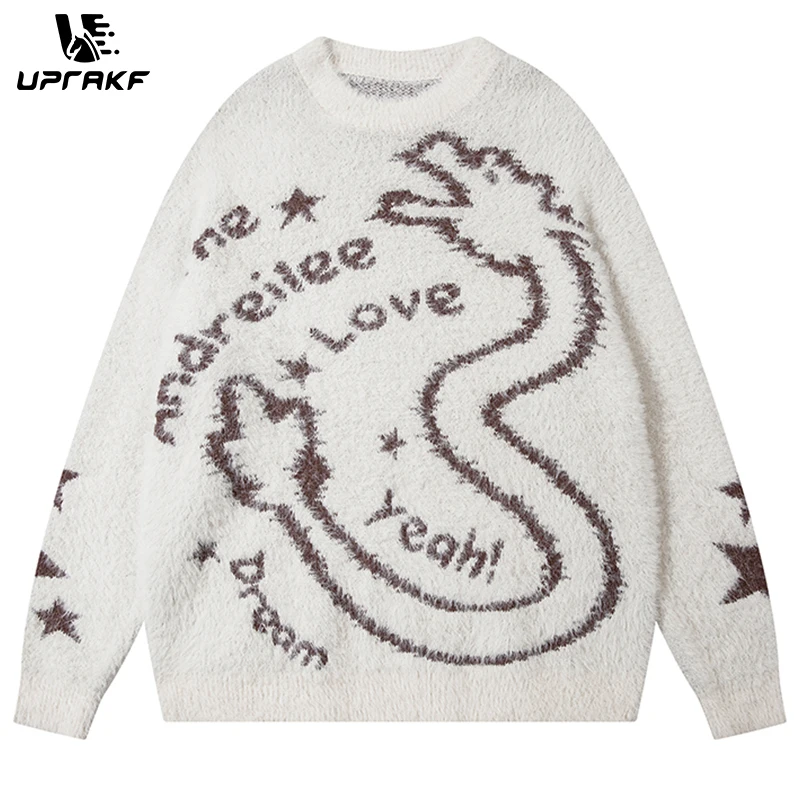 UPRAKF Cartoon Dragon Sweater Round Neck Fashion Long Sleeve Casual Warm Autumn Loose Winter Pullovers