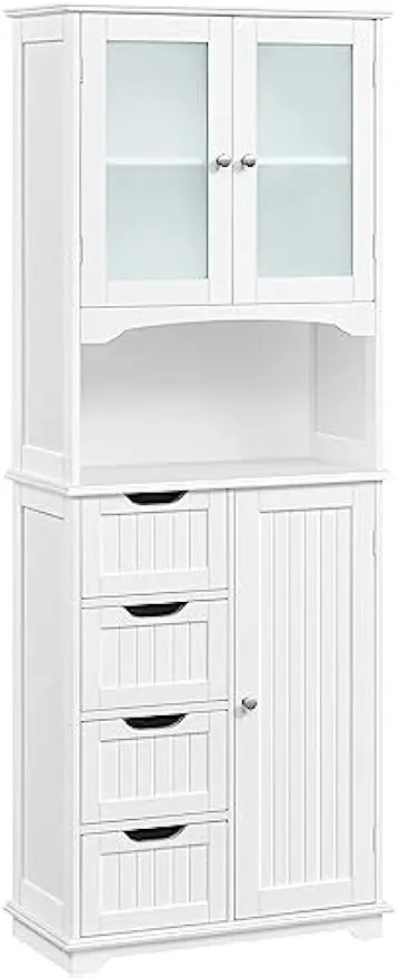 Tall Storage Cabinet with Glass Door, Bathroom Floor Cabinet 65.5″, Kitchen Pantry Storage Cabinet with Open Compartment