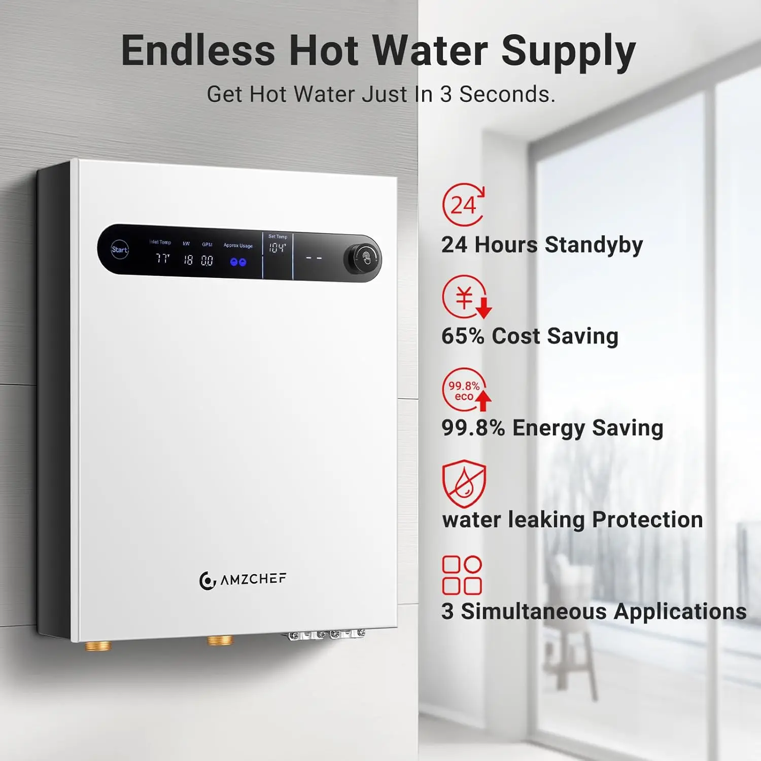 Electric Tankless Water Heater, 18kW 240V on Demand Instant Endless Water Heater with LED Temperature Display for Residential Wh