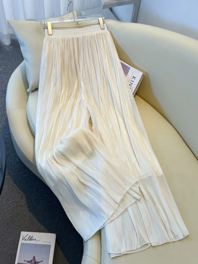 

Ladies Casual Wide Leg Pants Flowing Gauze Draping Loose Comfortable Summer Fashion Straight Cut Elastic Waist Soft Fabric