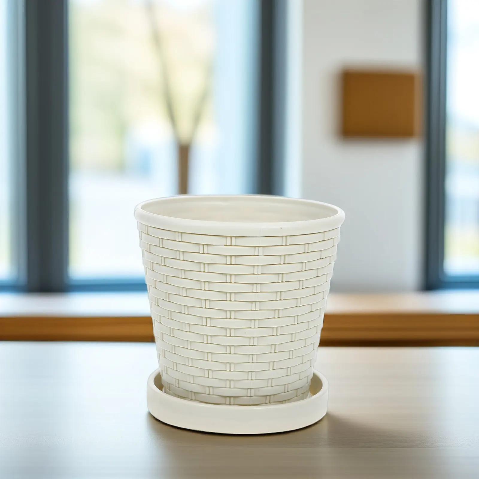 Plastic Planter Pots with Saucers 4 Sets Rattan Woven Style Nursery Pots for Succulents Home Garden Office