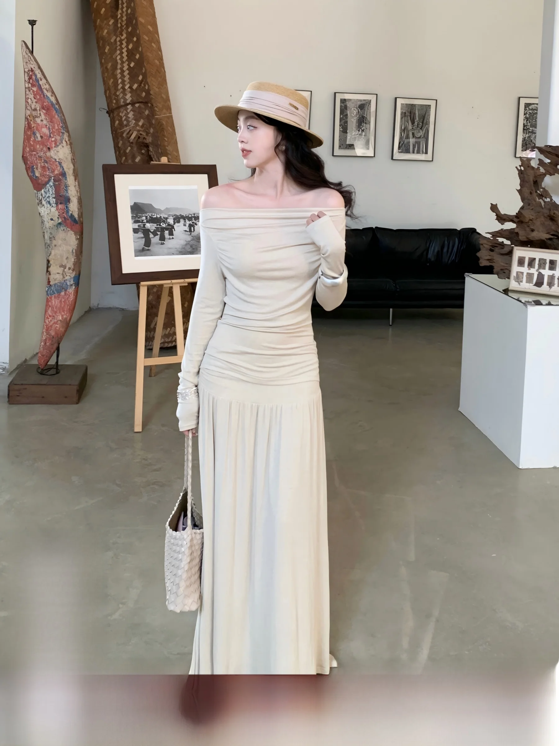 

Однотонный шелково-шерстяной комплект с высокой талией, облегающий, на одно плечо, с асимметричным дизайном, длинный рукав, женская одежда.