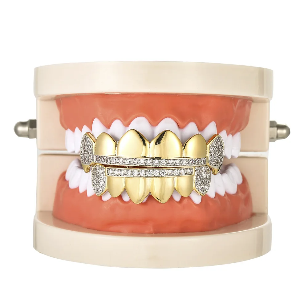 Hip Hop Top & Bottom Teeth Grillz Set for Men CZ Stone Bling Ice Out Rapper Jewelry vampire Fang Dental Mouth Caps Cosplay Party