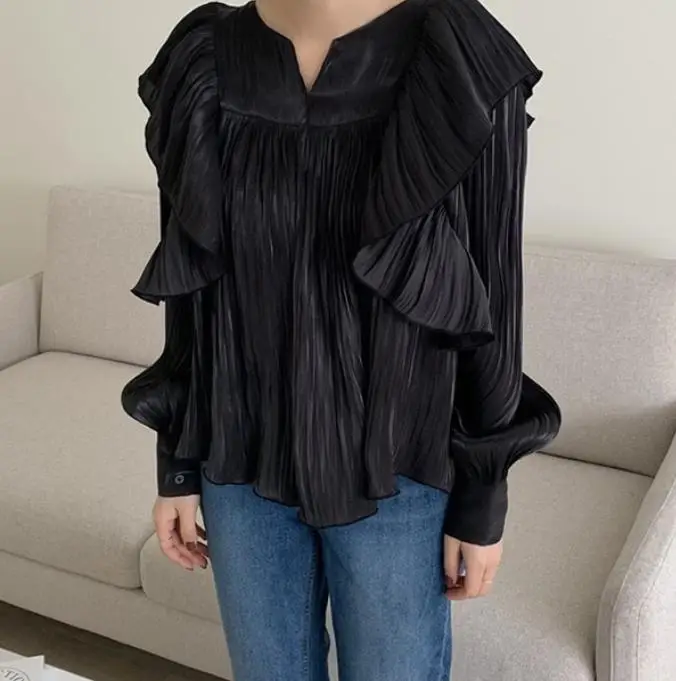 

Весенне-осенние темпераментные блузки 2024, модная плиссированная рубашка с рюшами для женщин, весенний новый топ с объемными рукавами Super Fairy