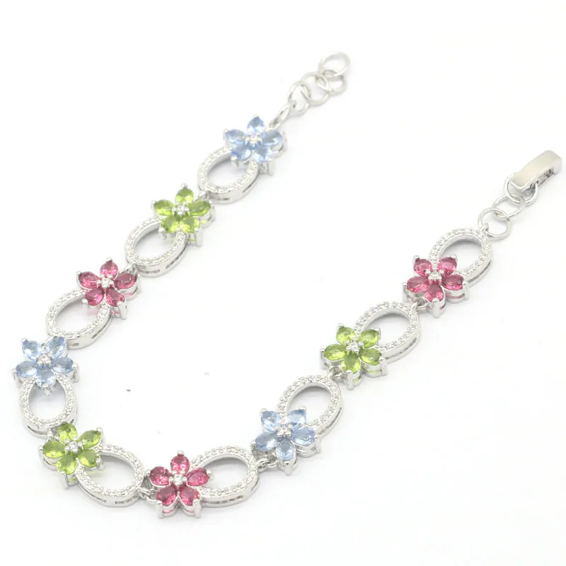 5x3mm Multi Color Raspberry Rhodolite Blue Violet Tanzanite Garnet Green Peridot White CZ Daily Wear Silver Bracelet 7.5-8.5in