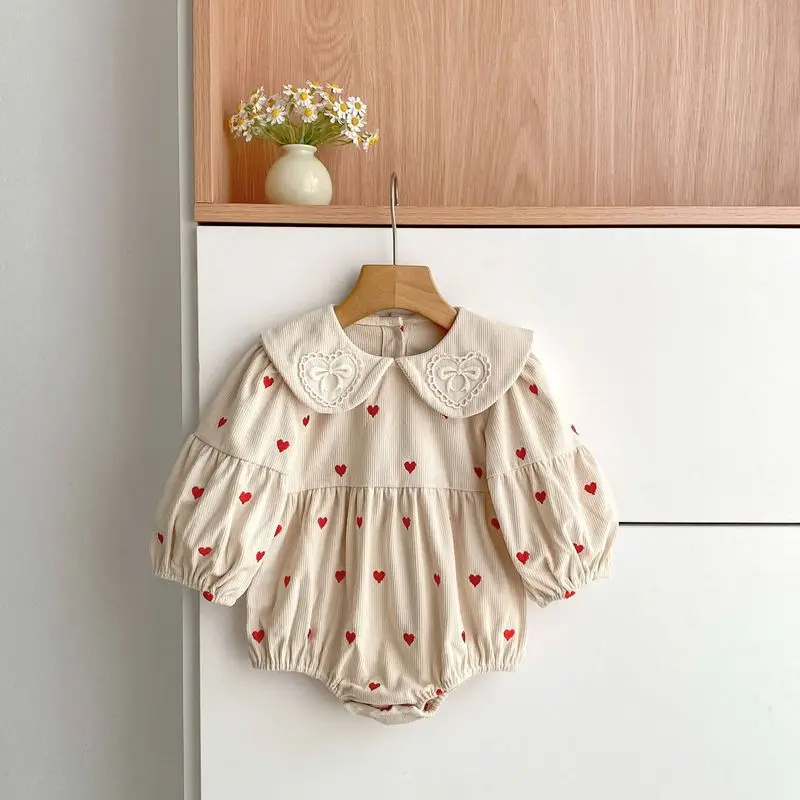 Baby Girls Corduroy Romper Heart Embroidery Peter Pan Collar Long Sleeve Spring Autumn Outfit