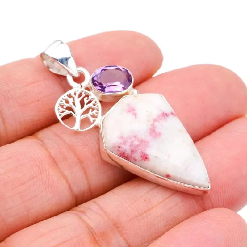 StarGems® Natural Rhodonite Amethyst TreeHandmade 925 Sterling Silver Pendant 1.75