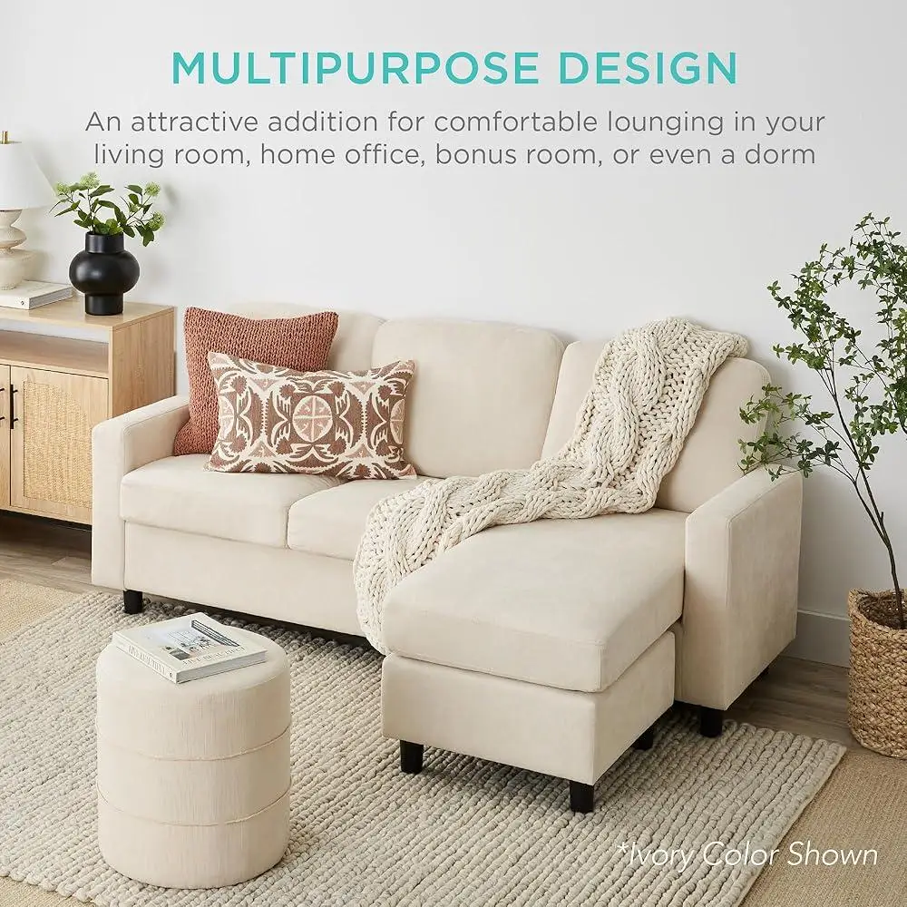 Upholstered Sectional Sofa with Reversible Ottoman Compact L-Shape Design Apartments Dens Dorms Easy Assembly 3 People