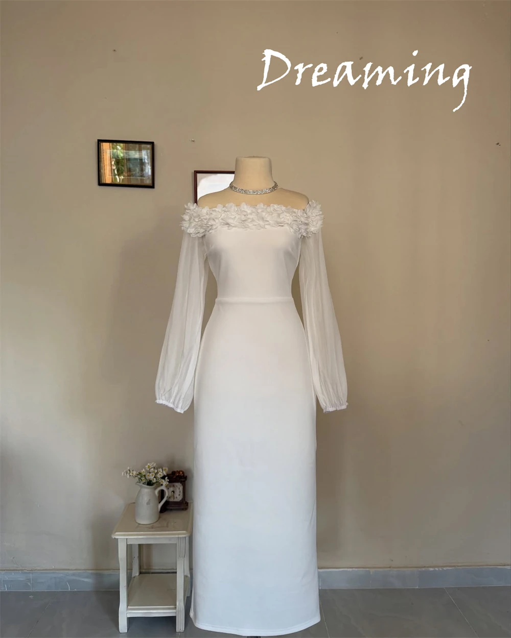 فستان سهرة شيفون أبيض رائع مخصص مخصص موضة رقبة قارب قبالة الكتف وأكمام طويلة فستان الحفلات الناعمة Pr #3
