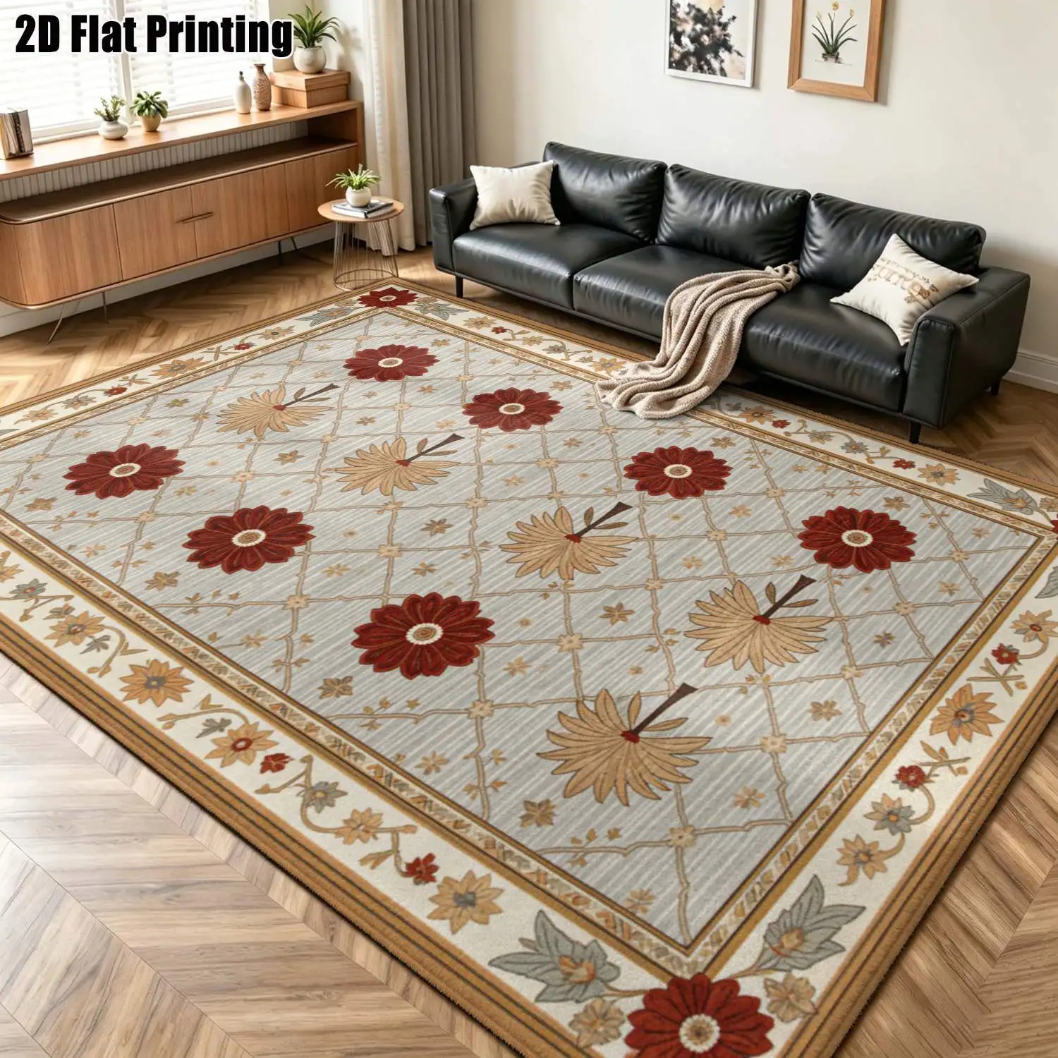 1Pc 2D Printed Carpet: Red-Brown Floral & Geometric European Retro Style, Machine Washable, Multi-Size for Home Decor, Multi-Scene Use