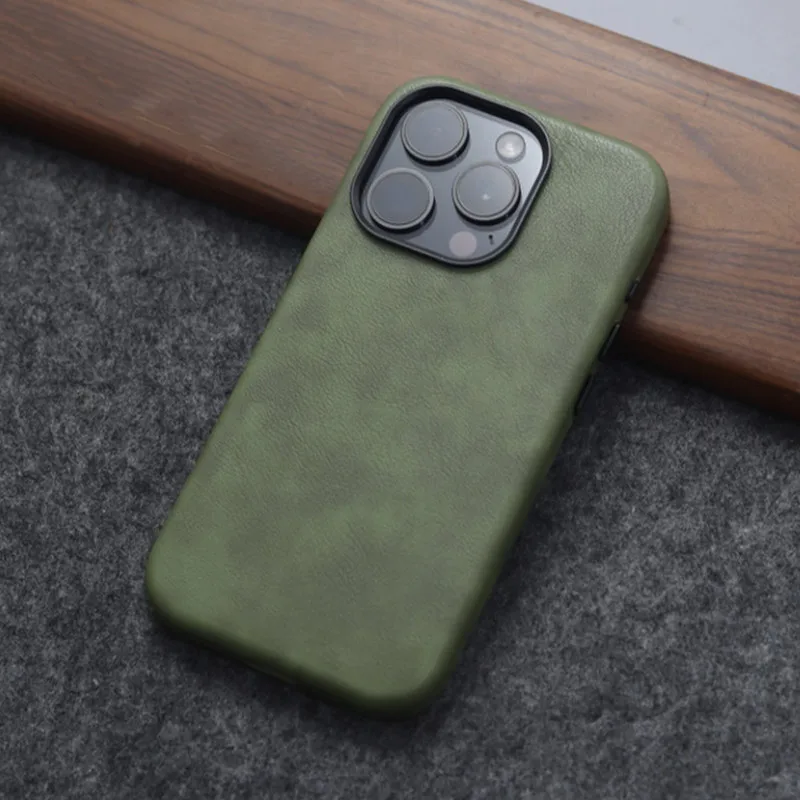 

Retro Premium Avocado Green Leather Case For iPhone 16 12 13 14 15 Pro Max Plus Business Magnetic Charging Metal Lens Ring Cover