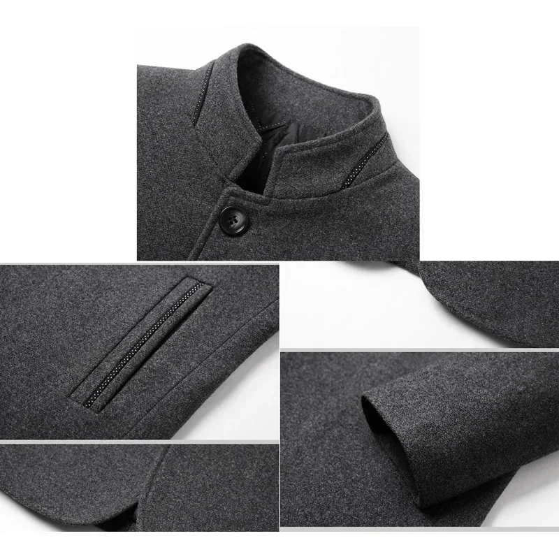 TFETTERS Brand 2024 Winter Coat Mens Chinese Stand Collar Solid Coats for Man Autumn and Winter Business Casual Woolen Jacket