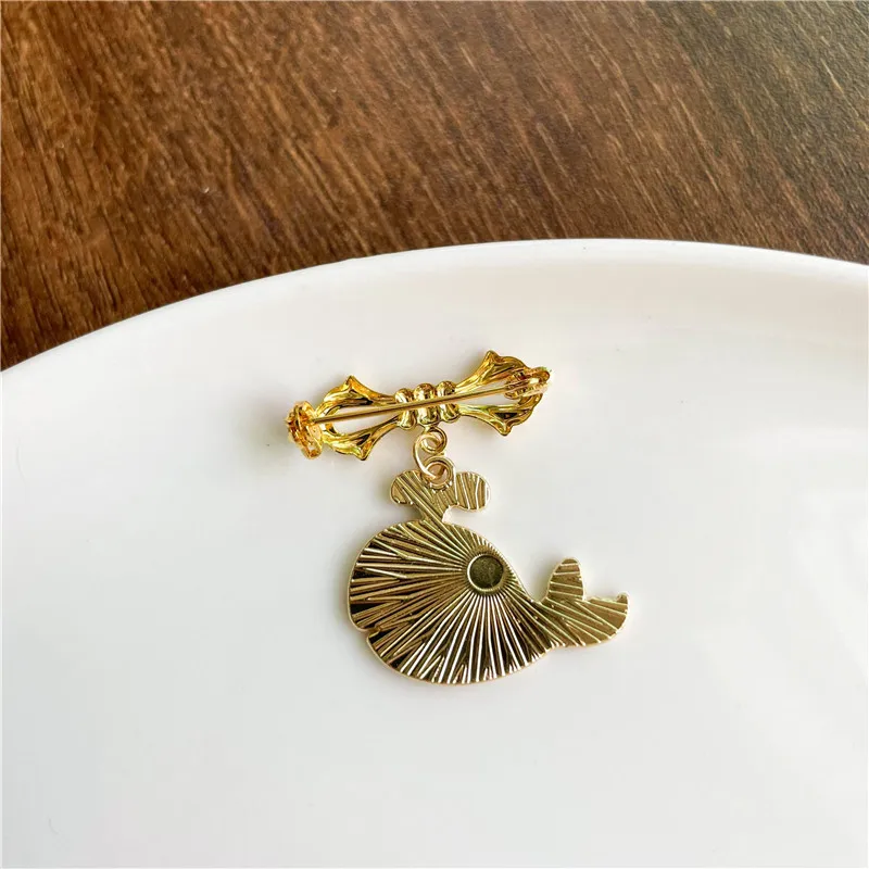 Cute Blue Whale Water Flower Bow Pin Cartoon Whale Waves Sea Animal Bowknot Brooch Collar Badge Women Kid Gifts Jewelry