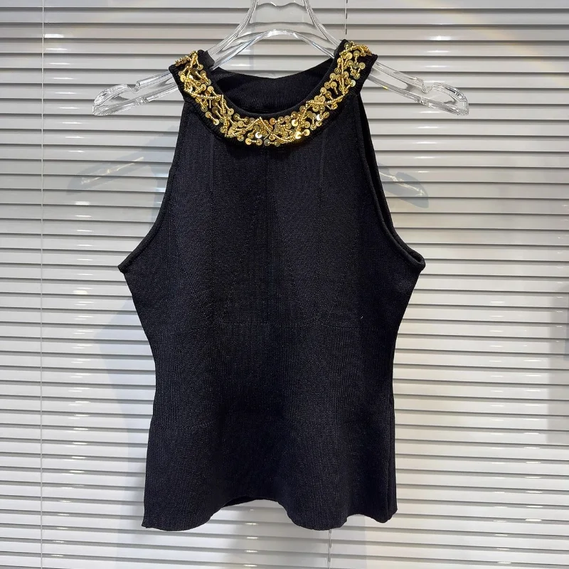Summer New Style Socialite Gold Sequin Beaded Halter Neck Knitted Camisole For Women