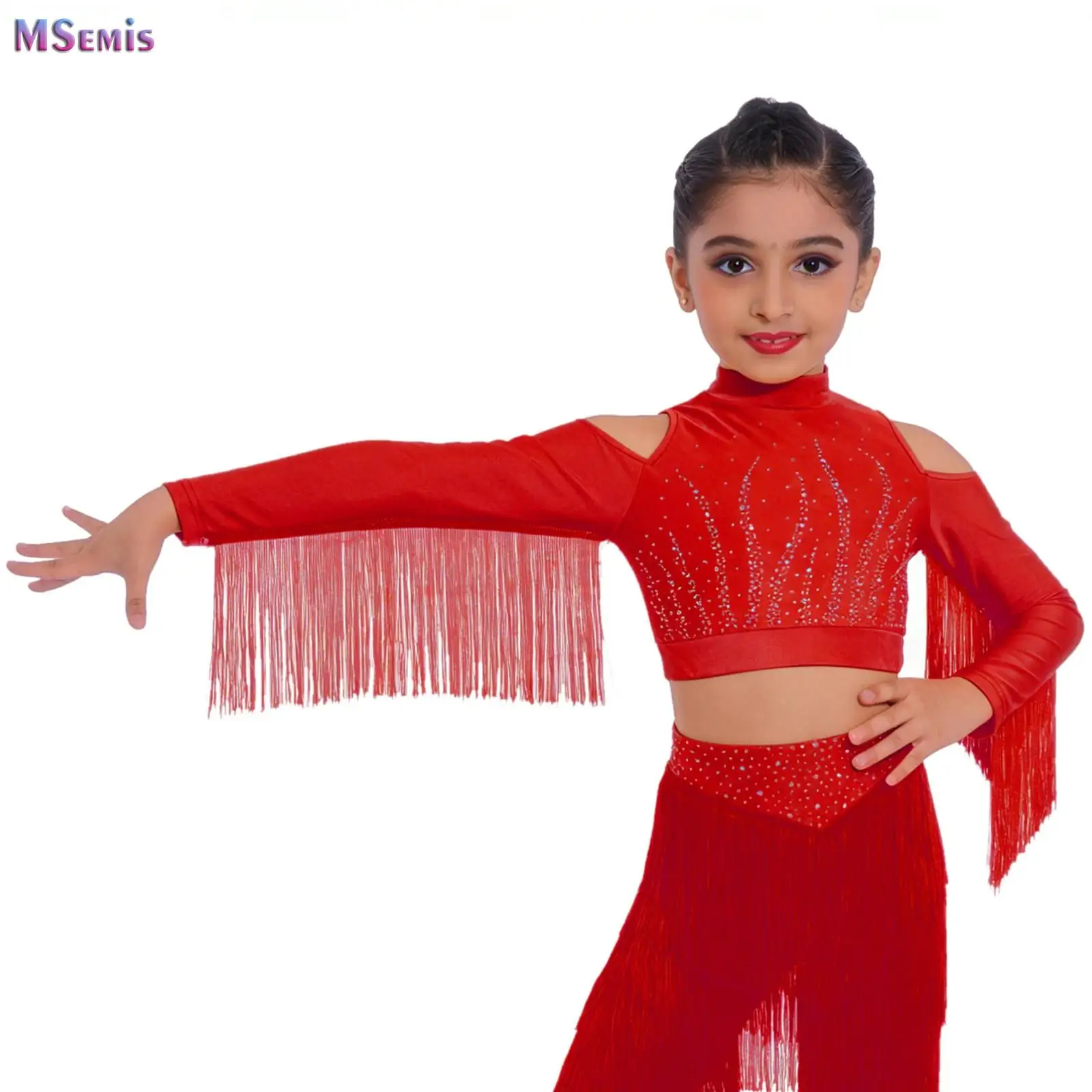 

Girls Figure Skating Ballet Dance Costume Cheer Dancewear Tassels Long Sleeves Shiny Rhinestones Crop Top Gymnastic Sportswear