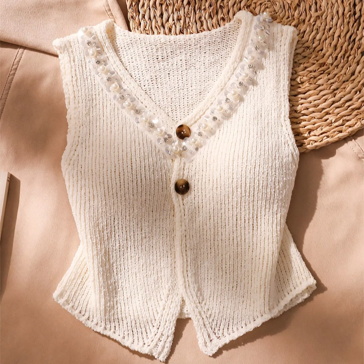 

Women‘s Ivory Pearl Beaded Knit Vest Ribbed Sleeveless Waistcoat French Retro Summer Elegant Layering Piece