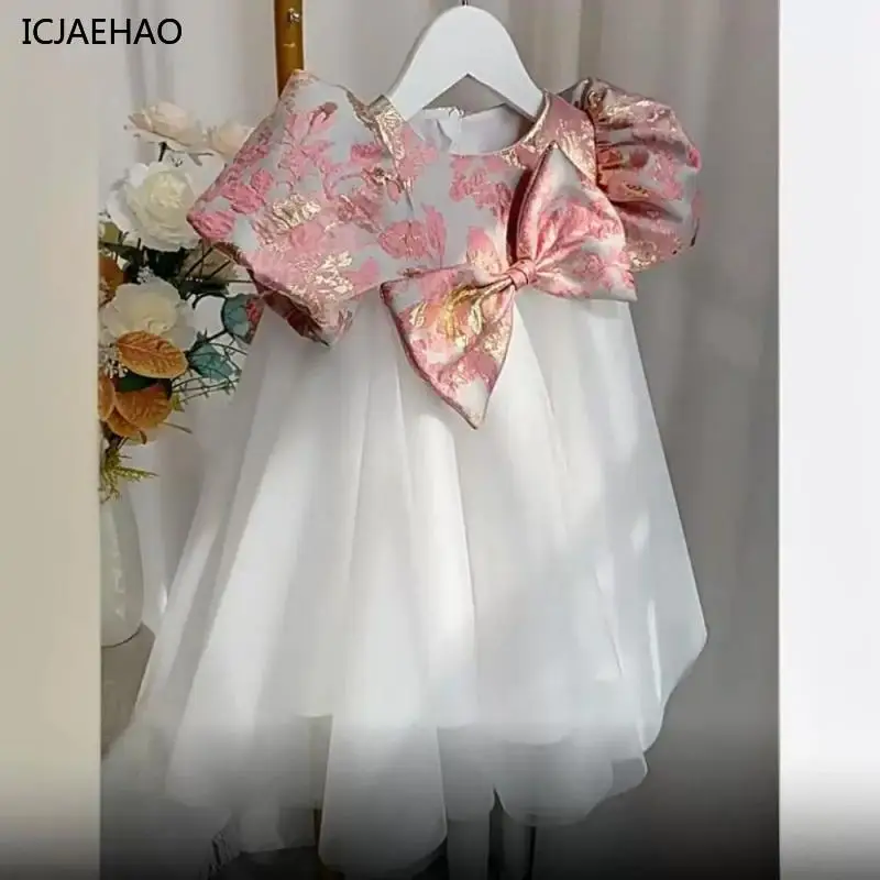 

ICJAEHAO 2024 Cute Baby Girl Dress Birthday Party Baptism Clothing for Children O-Neck Short Sleeve Princess A-Line Vestido