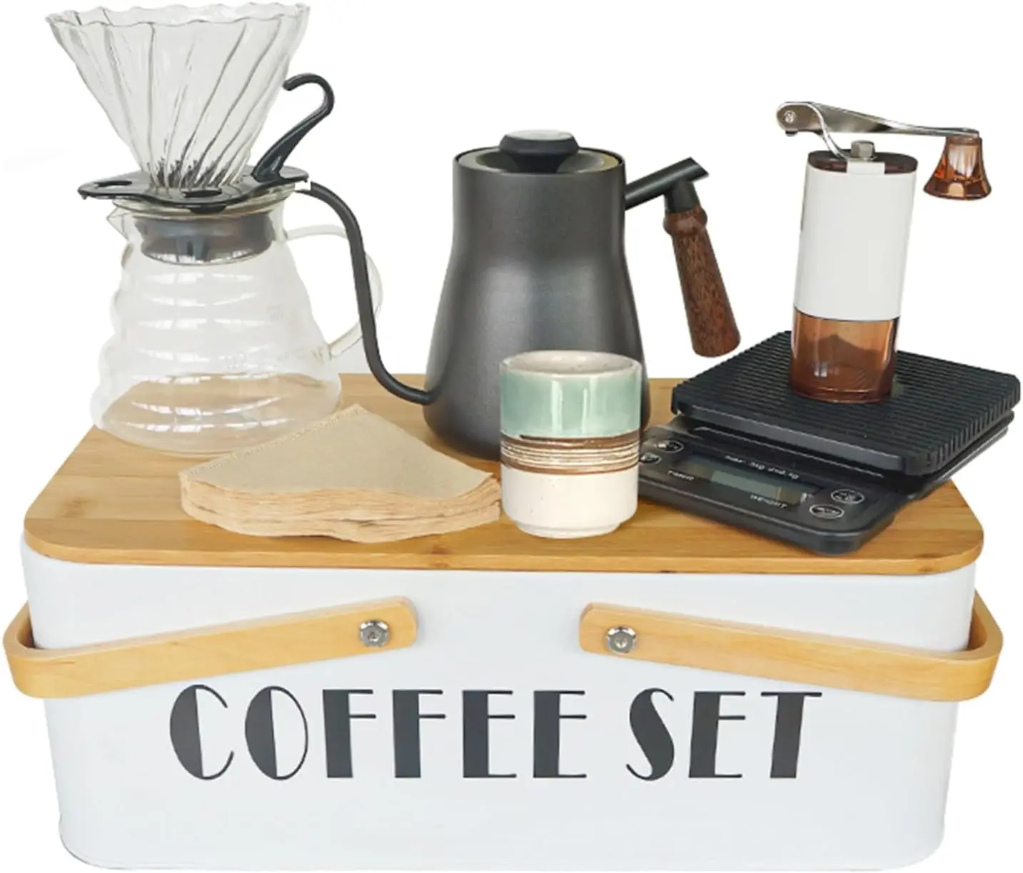 Übergießen Sie Kaffeemaschinen-Set, Kaffeekessel, Waage, Server, Tropfbecher, Bohnenmühle, Filterpapier, Keramiktasse, ALLE in 1, toller tragbar