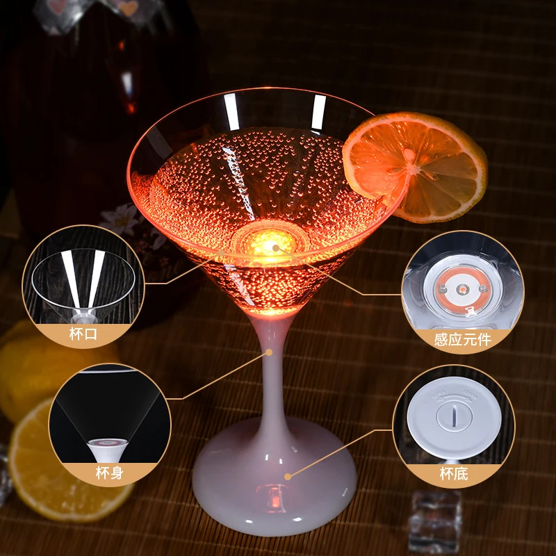 6pcs Bar Led Luminous Octagonal Cup KTV Luminous Cocktail Glass Cups FDA Food Grade Plastic Wine Glass LED Light Glasses Battery