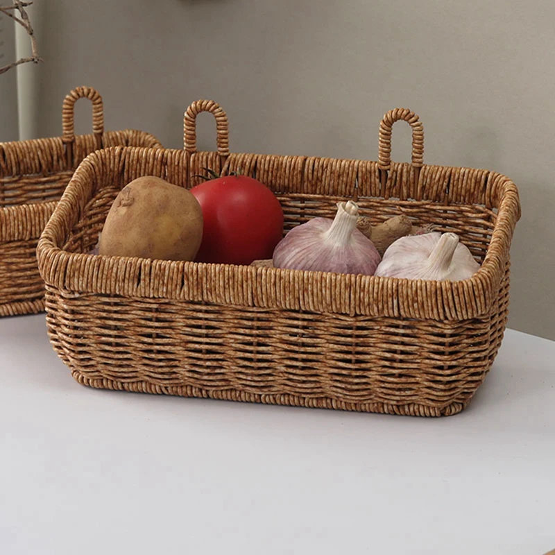 Woven Storage Basket Wall Hanging Portable Rattan Weaving Basket Flower Plant Pot Desktop Kitchen Vegetables Sundries Storage