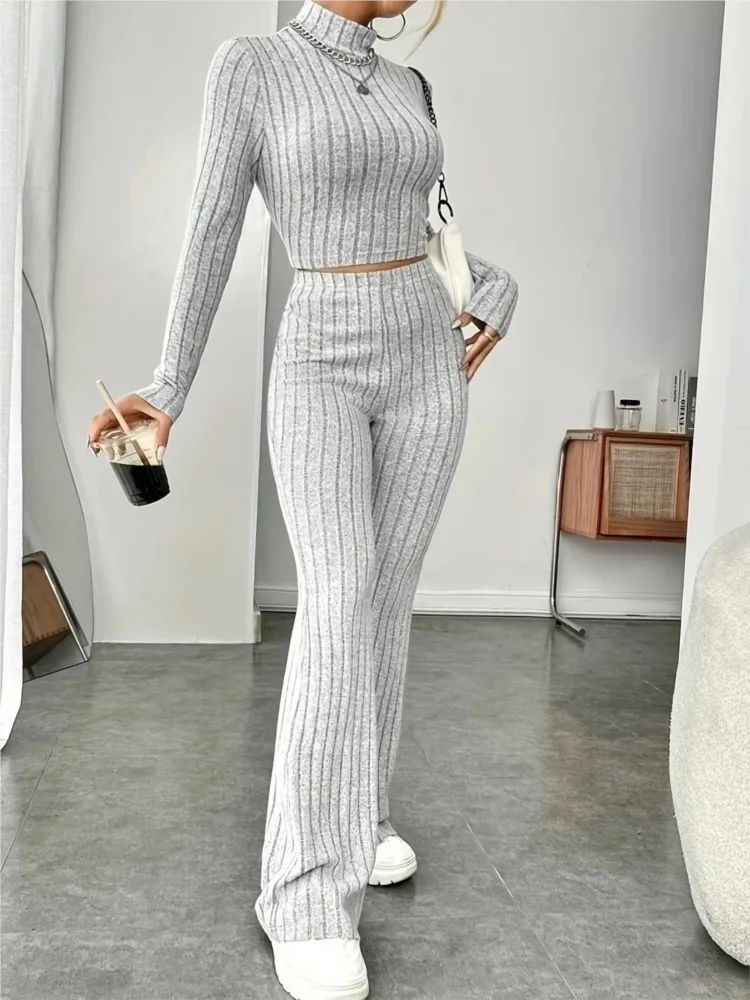 Women's Matching Knitted 2 Piece Bodycon Suit Women Tracksuit Long Sleeve Vintage Crop Top Flare Pants Sets Y2k Stretch Outfits