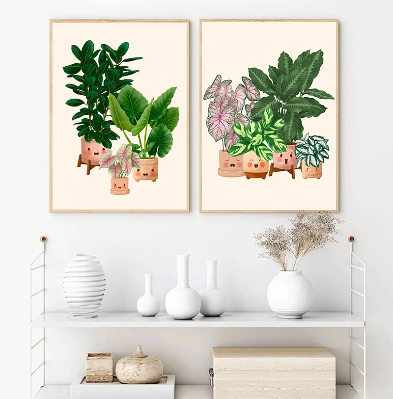 Family Potted Plants Cute Cartoon Flowerpot Posters Monstera Deliciosa Wall Art Canvas Painting Flower House Garden Home Decor