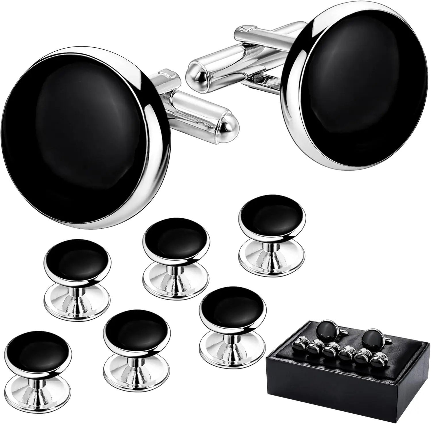 

Men's Cufflinks & Tuxedo Studs Set with Gift Box, Wedding & Anniversary Jewelry for Black Suit & Red Bow Tie