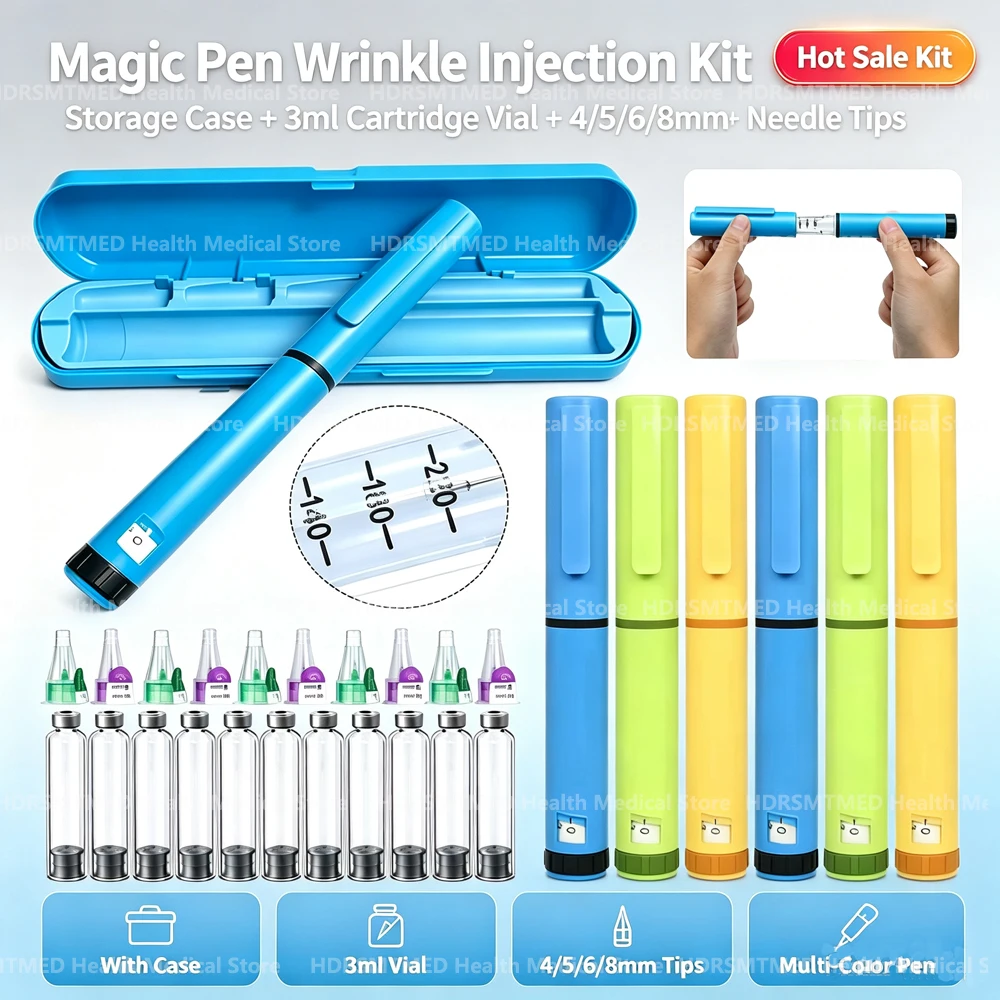 Colorful Reusable 3ml Peptide Injection Pen Set 60U Precise Dosing Injector With Storage Case 4/5/6/8MM Pen Tips 3ml Cartridge