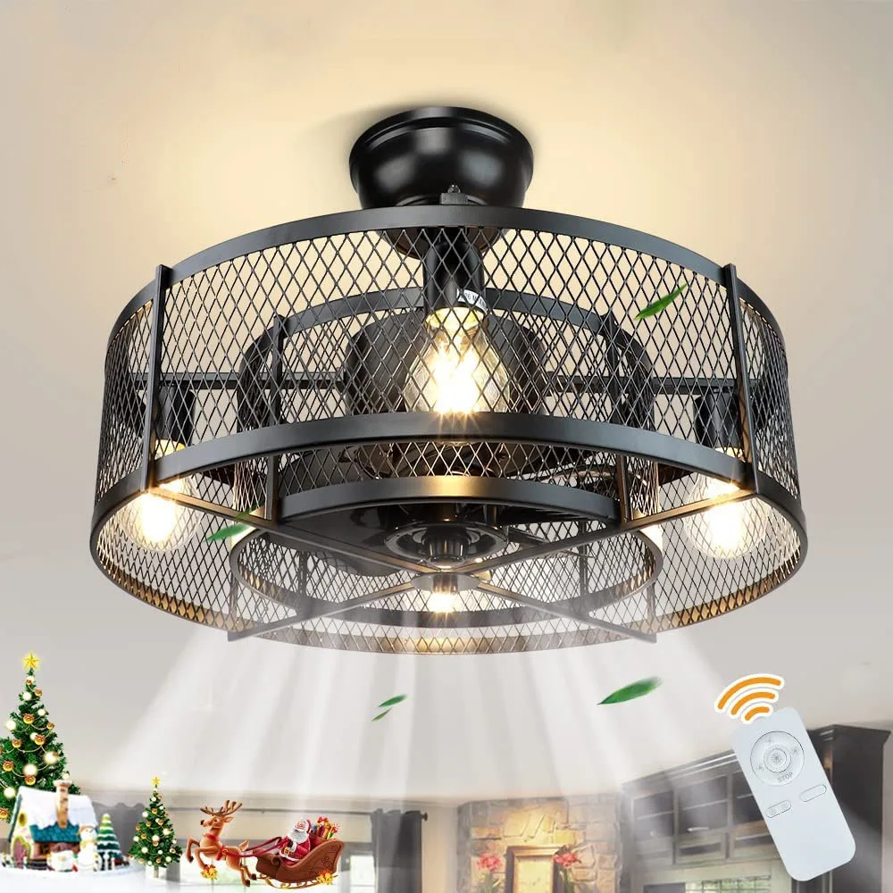 New bedroom ceiling fan lamp industrial style black iron art dimming fan lights with remote control DC motor Fan