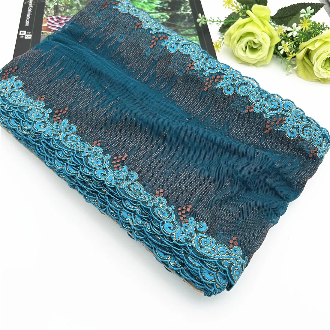 3y/lot Width 8 Inch 20.50cm Blue Gold Embroidery Lace Trim Skirt Hem Underwear Sewing Material Craft DIY Apparel Fabrics Lace