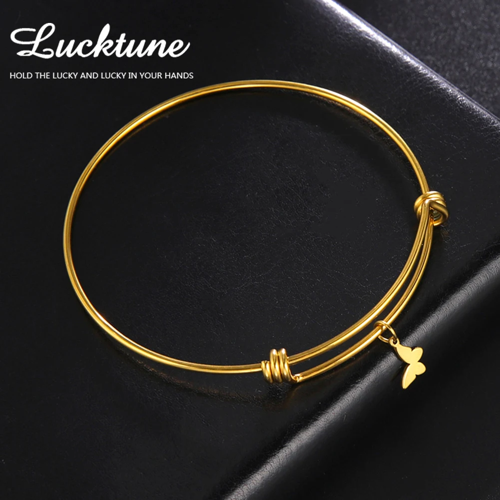 Lucktune Cute Butterfly Animal Charms Bangles Stainless Steel Adjustable Cuff Bangle Bracelet for Women Trendy Kpop Jewelry Gift