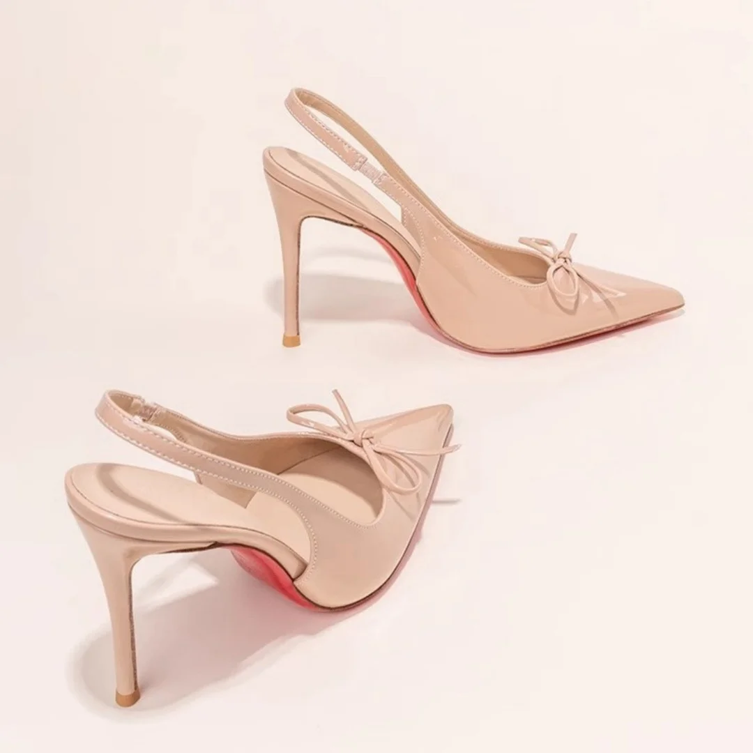 

Pointed Toe Red Sole Sandals Lady Summer Bow Red Bottom Back Empty High Heels Fairy Versatile Shallow Thin Heels Women's Shoes