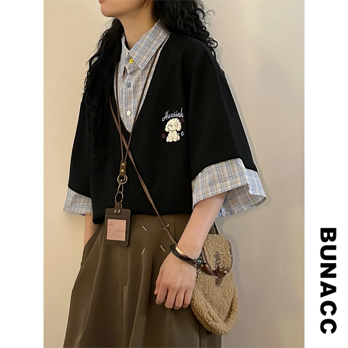

Summer Plaid Short Sleeve Embroidered Casual Shirt Women's Loose Fit Fake Two-Piece Dog Stitching Versatile Casual Shirt