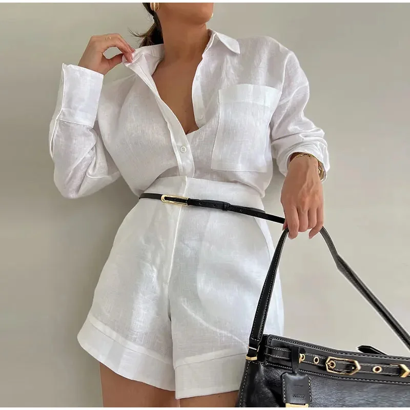 Conjunto de dos piezas de manga larga para mujer, camisa con botones y bolsillos, Tops y pantalones cortos, cuello Polo elegante, trajes informales de verano