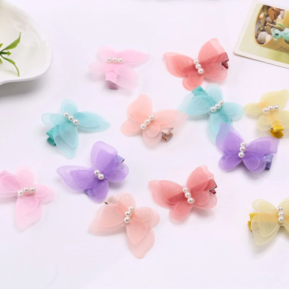 

8pcs Pearl Hair Clips Accessories Sequins Lovely Princess Chiffon Bow Mesh Safe Bright Matching Cloth Daily