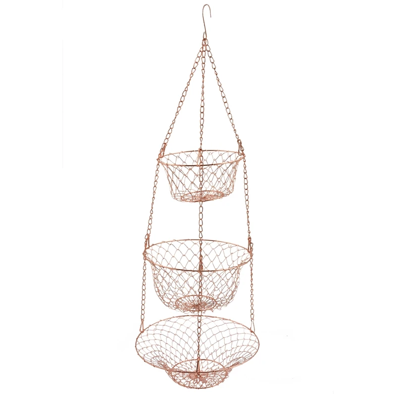 3 Tier Fruit Basket, Vegetable Kitchen Storage Basket Chain Hanging Space Saving Fruits, Plants Storage Basket(Copper)-A13G