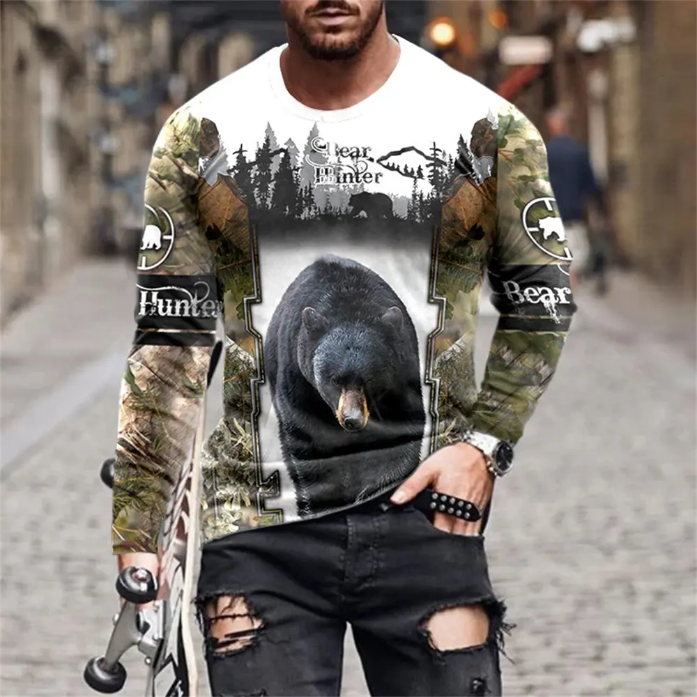 Wild Animal Hunting 3d Print Summer Men\'s Round Neck T-shirt Casual Long Sleeve Oversized T Shirt Fashion Pullover Men Clothing