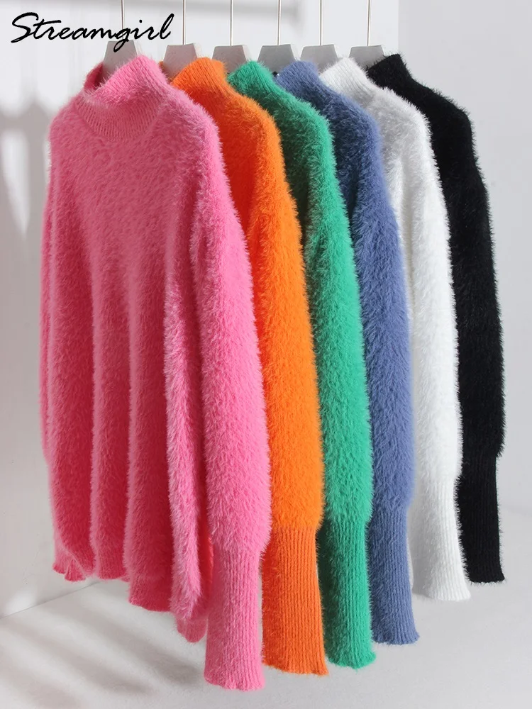 Warm Oversize Mohair Fluffy Sweaters For Women Turtleneck Winter 2023 Pink Pullovers Thick Womens Fluffy Winter Sweaters Loose