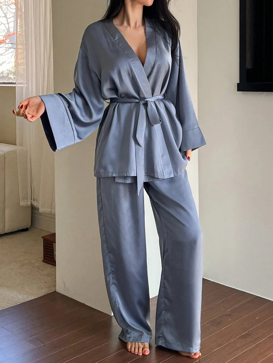 Satin Belted Robe & Pants Sleepwear Pajama Set, Minimalist & Elegant, Spring/Summer Pajama Fall Winter Clothes