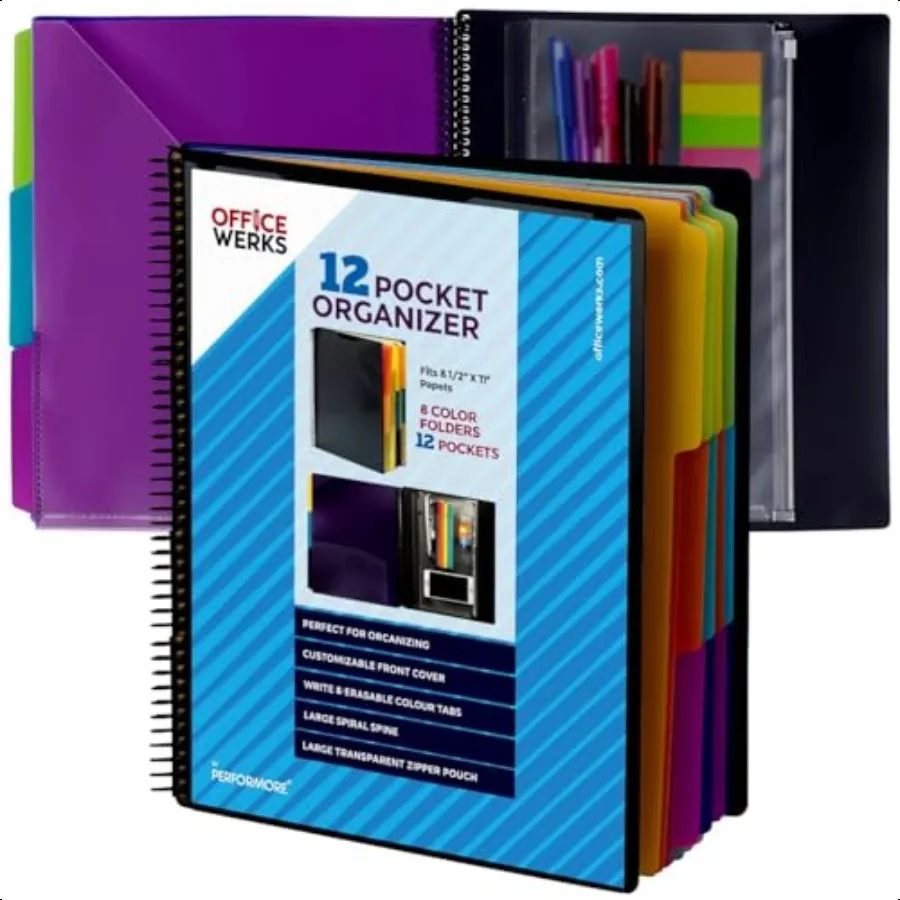

12 Pocket Spiral Subject Organizer with 6 Dividers Folder Organizer Spiral Binder with Front Cover Pocket and Customizable Cove