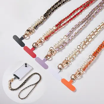 Šňůrka na telefon pro ženy s dlouhým koženým tkaným kovovým řetízkem s perlovým pouzdrem na telefon, univerzální šňůrka na telefon, diagonální křížová dekorace na tašku 10 nejlepší prodej Cordon telefon - №3