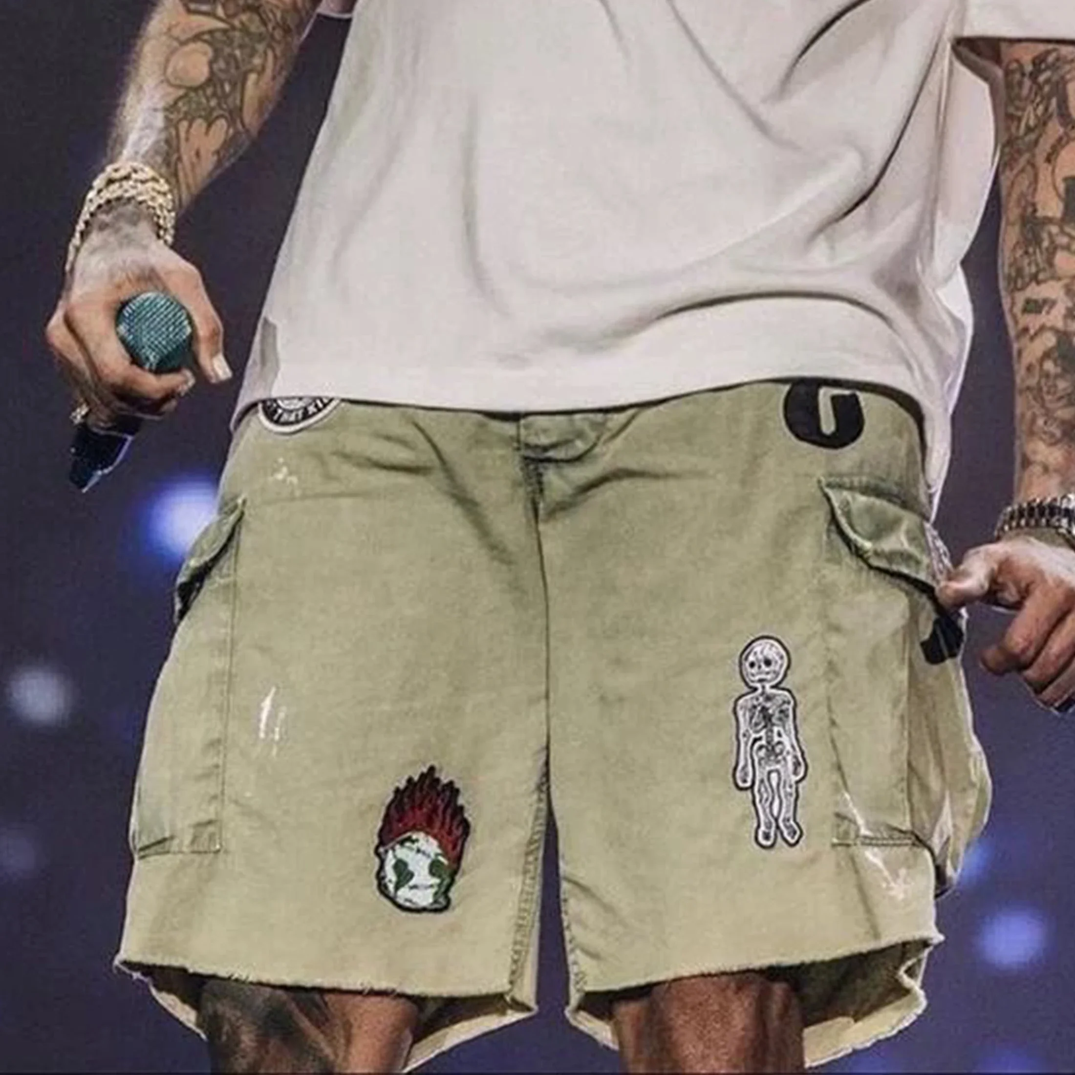 NIGO Men's Summer Washed Splashed Ink Pants Embroidered Badges And Multi Bag Work Shorts Ngvp #nigo6152