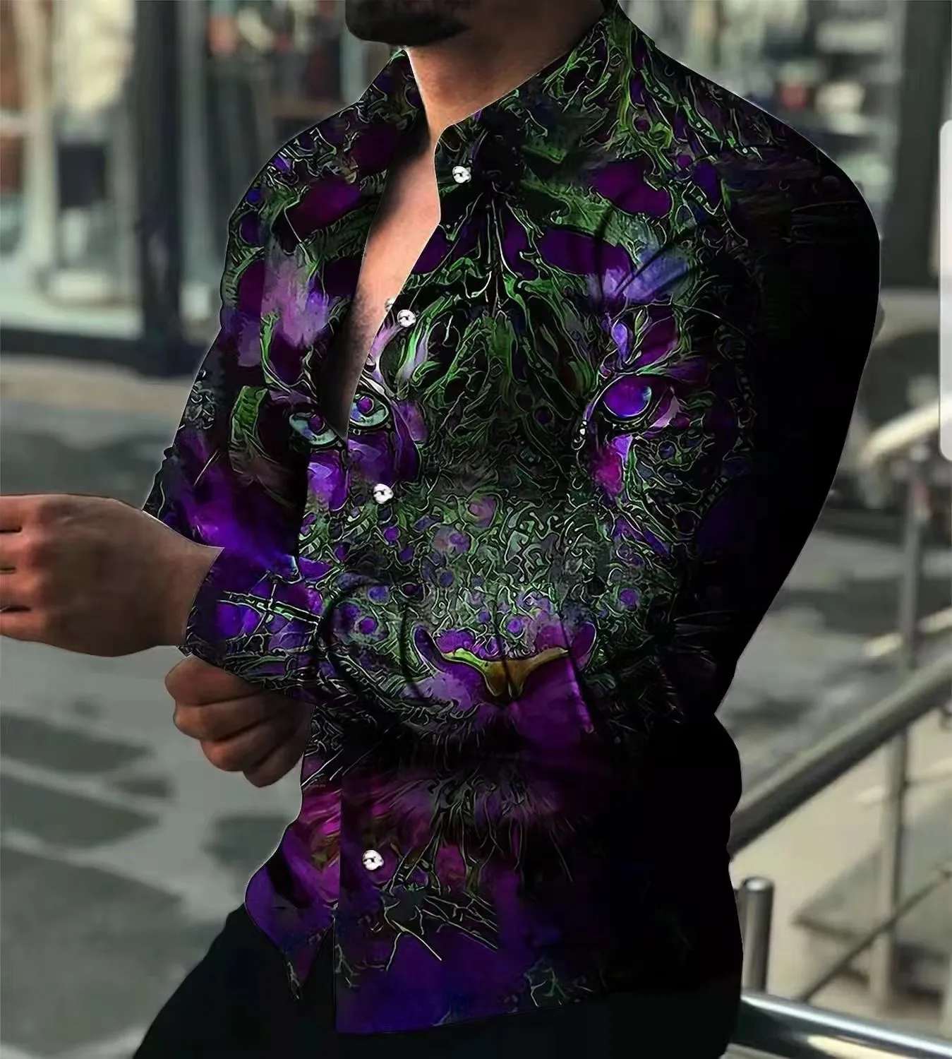 

Cool Lionprint Long Sve irt Men's Faion k Pattern Lion Print Casual Summer Youth Stand Fit Polyester irt
