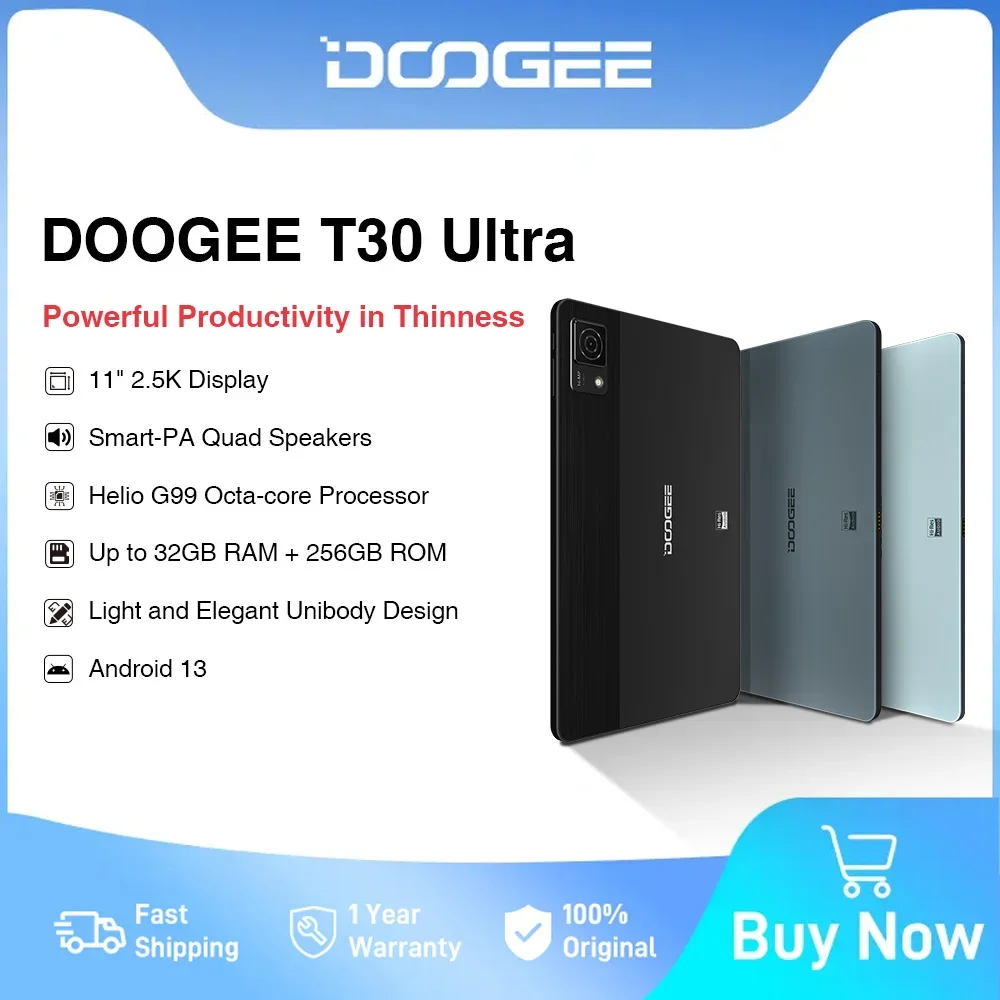 DOOGEE T30 Ultra Tablet 11 "2.5K wyświetlacz 12GB + 256GB 7.6mm Helio G99 Octa Core czworogłośniki Android 13 8580mAh 18W ładowarka