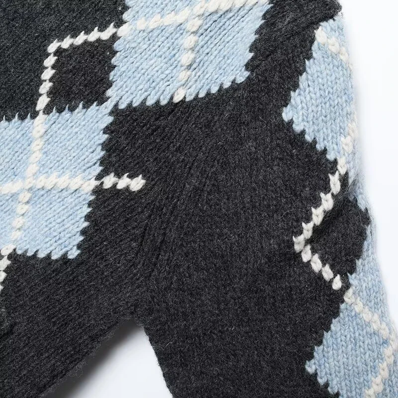 Contrast Color Black Blue Argyle Diamond Knit Cardigan V Neck Single Breasted Button Front Dual Pockets Loose Outerwear 260701 view 4