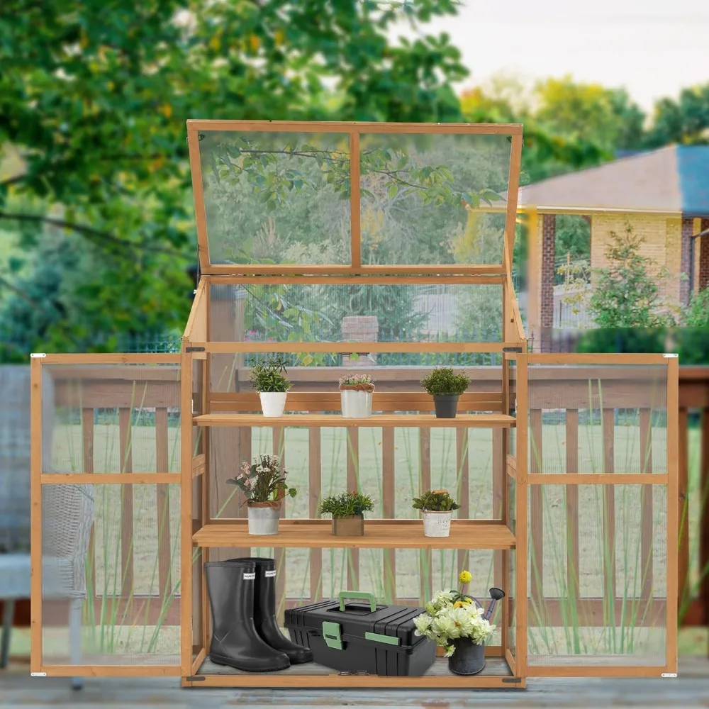 Large Wooden Greenhouse with Adjustable Shelves,  4 Reinforced Metal Supports for Greater Stability, Conservatory, Natural