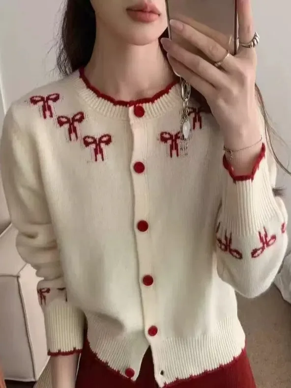 

Korean Sle Sweet Knot Embroidered round Ne Knitted Sweater Women's Soft Cozy Spring Cardigan Small Size Outerwear